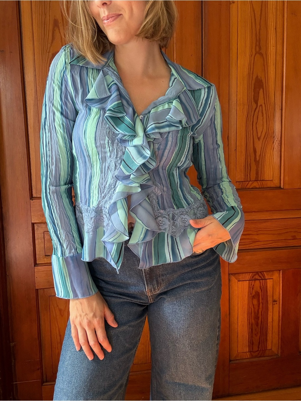 Allison Taylor Blue and Green Striped Ruffle Blouse